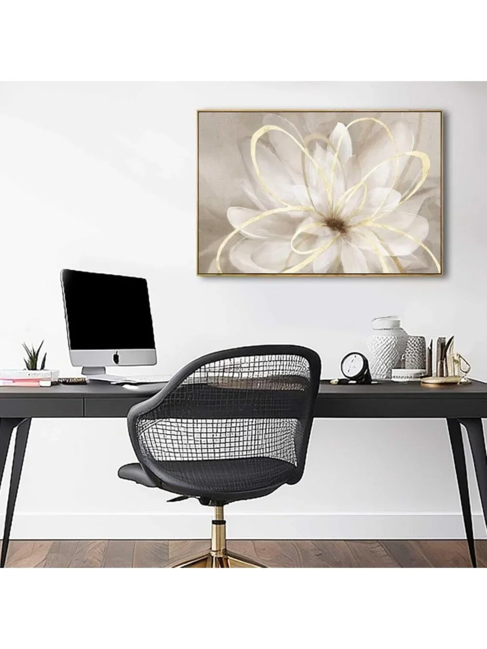 Elegant White Flower Gold Botanical Wall Art - 24